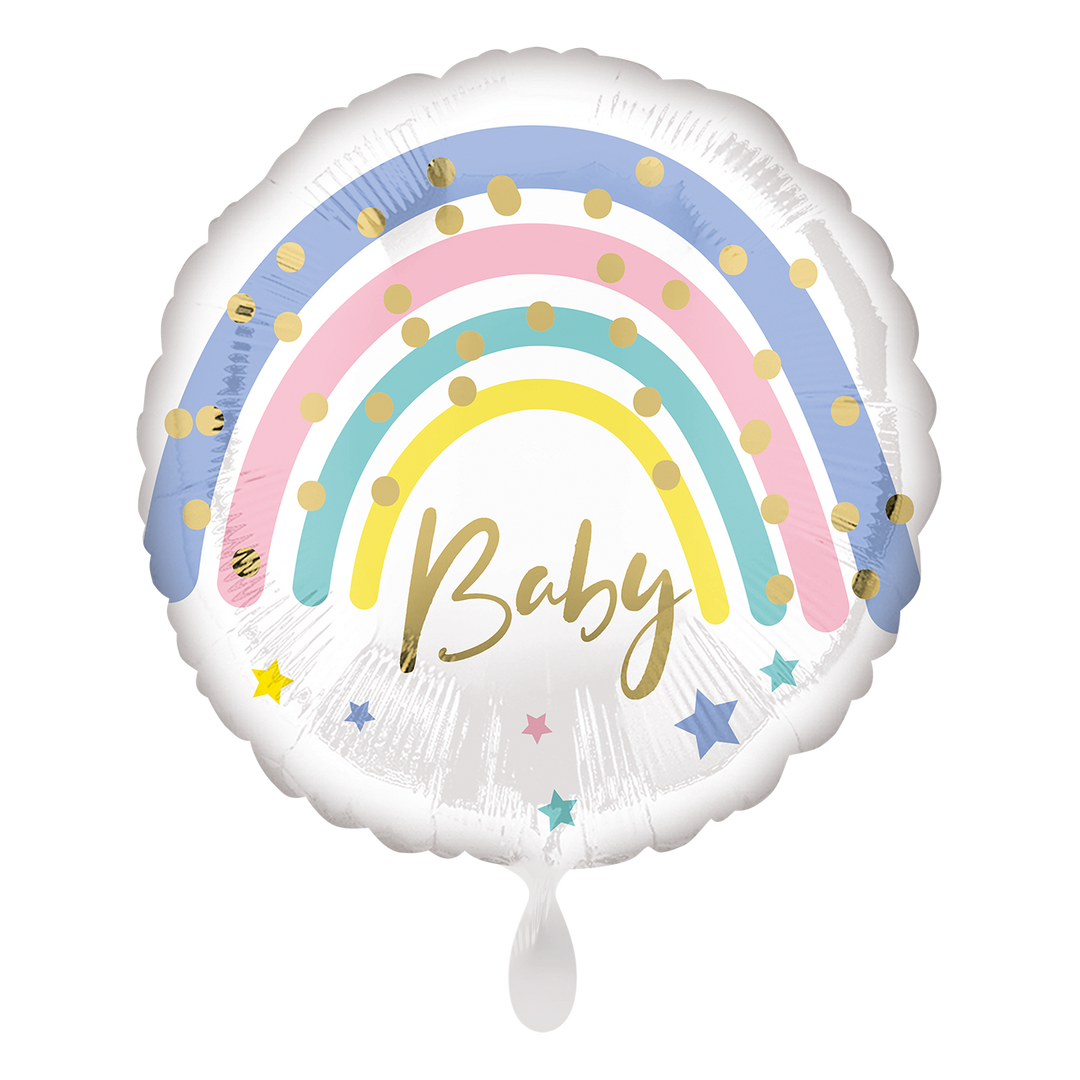 Runder Baby Folienballon 43 cm mit Regenbogenmotiv in Pastellfarben
