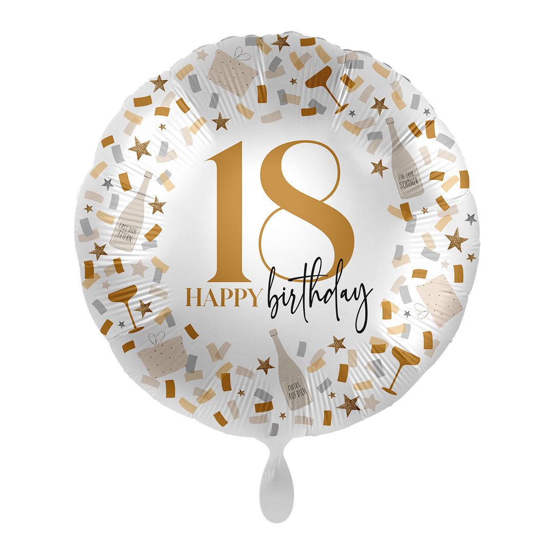 Runder Folienballon „18 Happy Birthday“ in Weiß-Gold mit Konfetti-Design – 43 cm