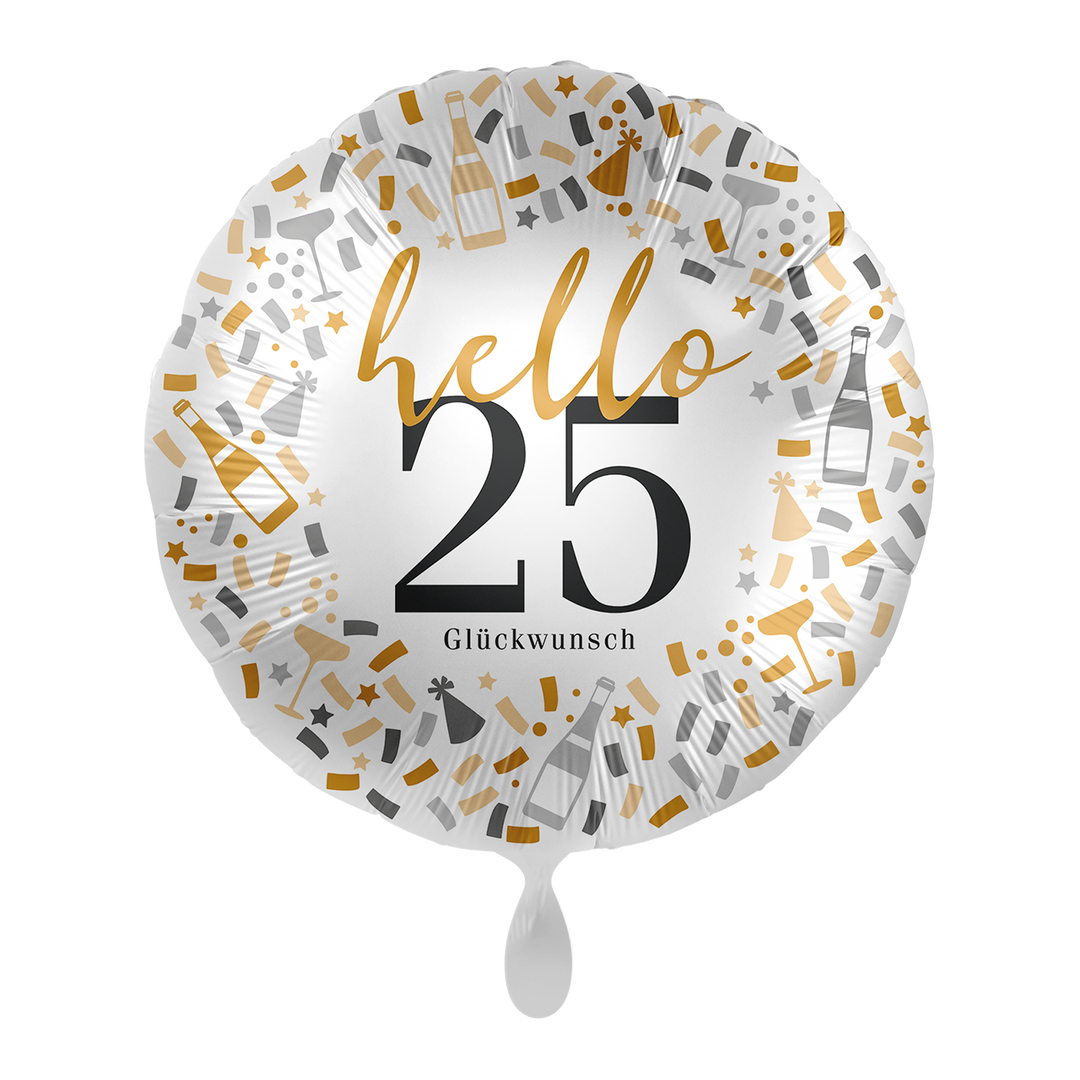 Runder Folienballon „25“ im Konfetti-Design in Gold, Silber und Schwarz, 43 cm, HeyBalloon Viersen