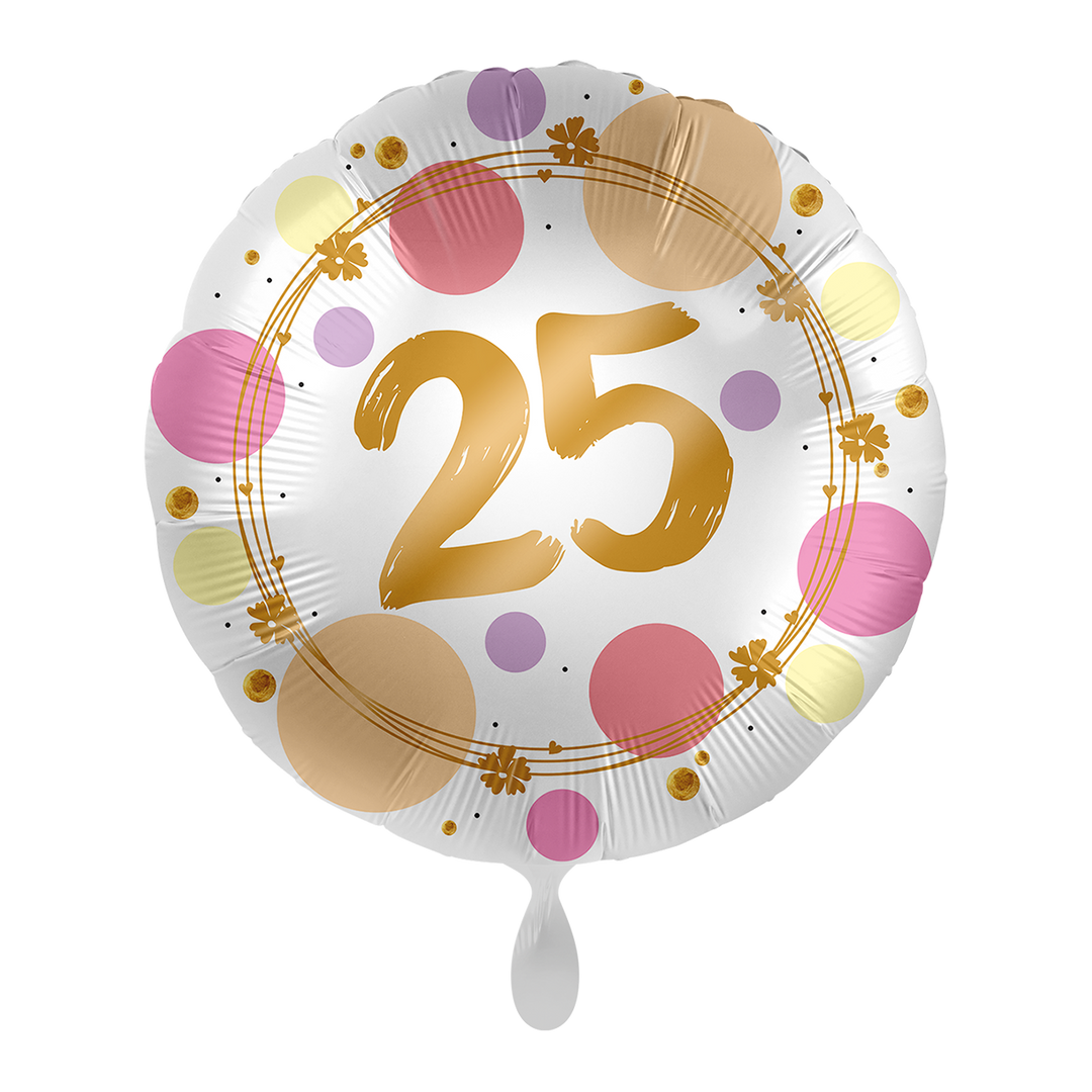 Runder Folienballon „25“ für den 25. Geburtstag, buntes Konfetti-Design mit goldener Schrift, ca. 43 cm – HeyBalloon Viersen