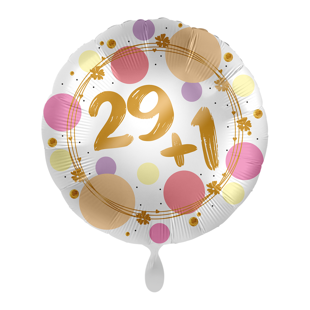 Runder Folienballon „29+1“ in Weiß mit goldener Schrift und buntem Konfetti-Design, ca. 43 cm – Geburtstagsballon von HeyBalloon Viersen