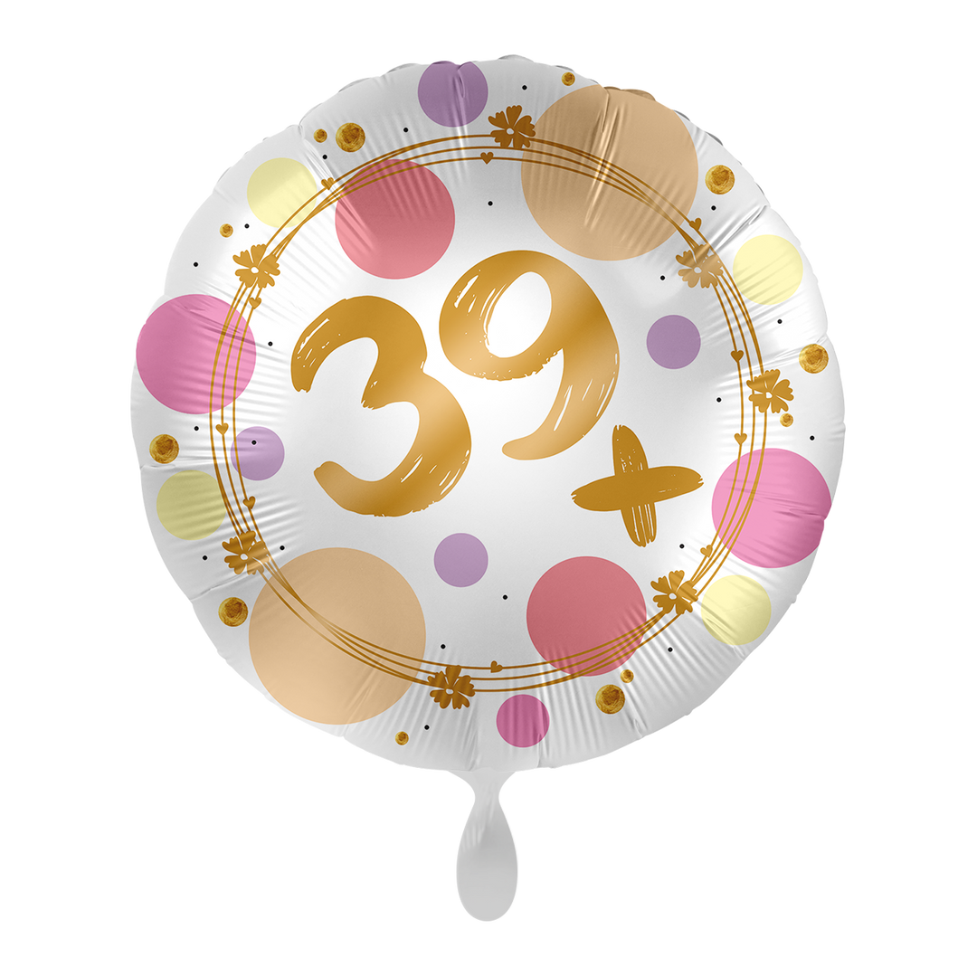 Runder Folienballon „39+“ für den 40. Geburtstag, buntes Konfetti-Design mit goldener Schrift, ca. 43 cm – HeyBalloon Viersen