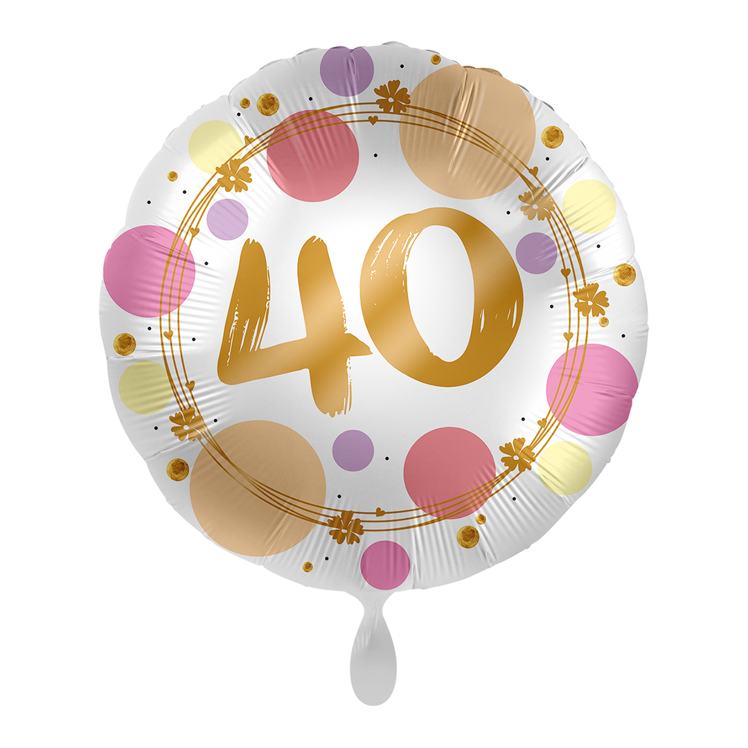 Runder Folienballon „40“ für den 40. Geburtstag, buntes Konfetti-Design mit goldener Schrift, ca. 43 cm – HeyBalloon Viersen