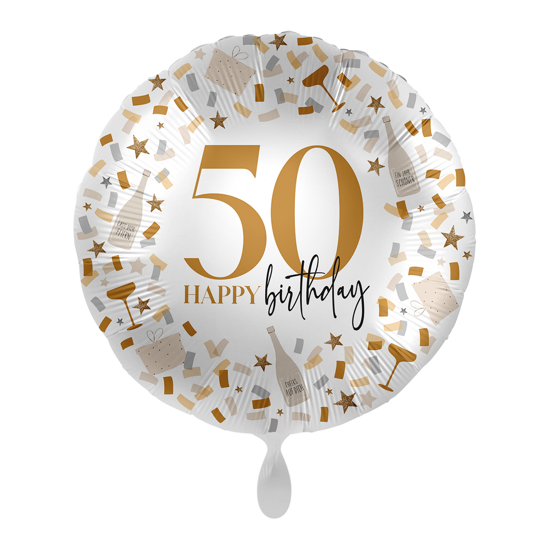 Runder Folienballon „50 Happy Birthday“ in Weiß-Gold mit Konfetti-Design – 43 cm