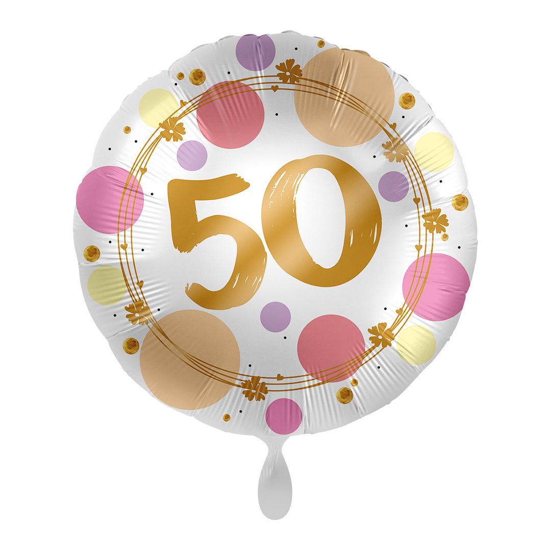 Runder Folienballon „50“ für den 50. Geburtstag, buntes Konfetti-Design mit goldener Schrift, ca. 43 cm – HeyBalloon Viersen