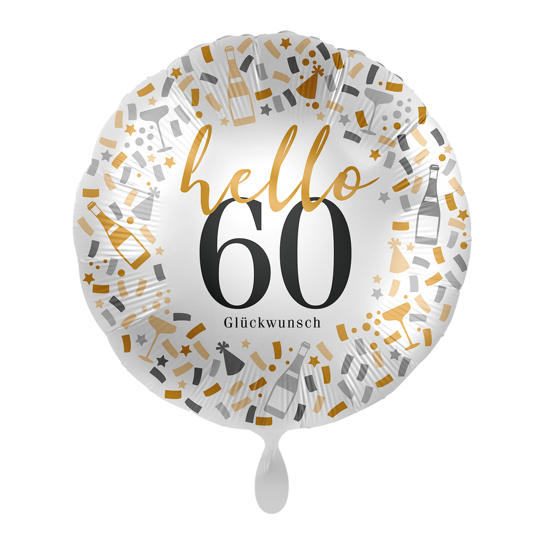 Runder Folienballon „60“ im Konfetti-Design in Gold, Silber und Schwarz, 43 cm, HeyBalloon Viersen