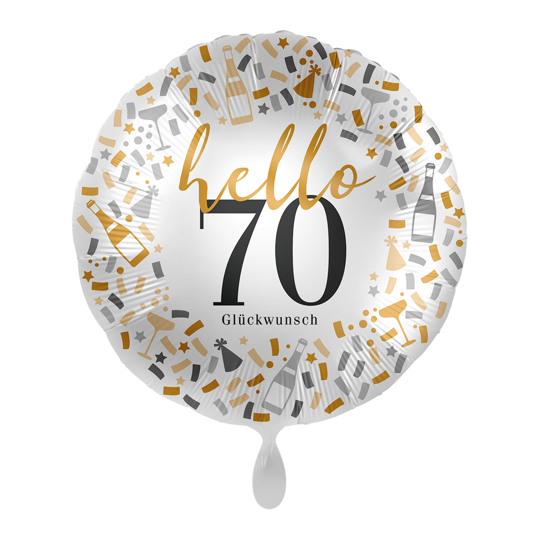 Runder Folienballon „70“ im Konfetti-Design in Gold, Silber und Schwarz, 43 cm, HeyBalloon Viersen