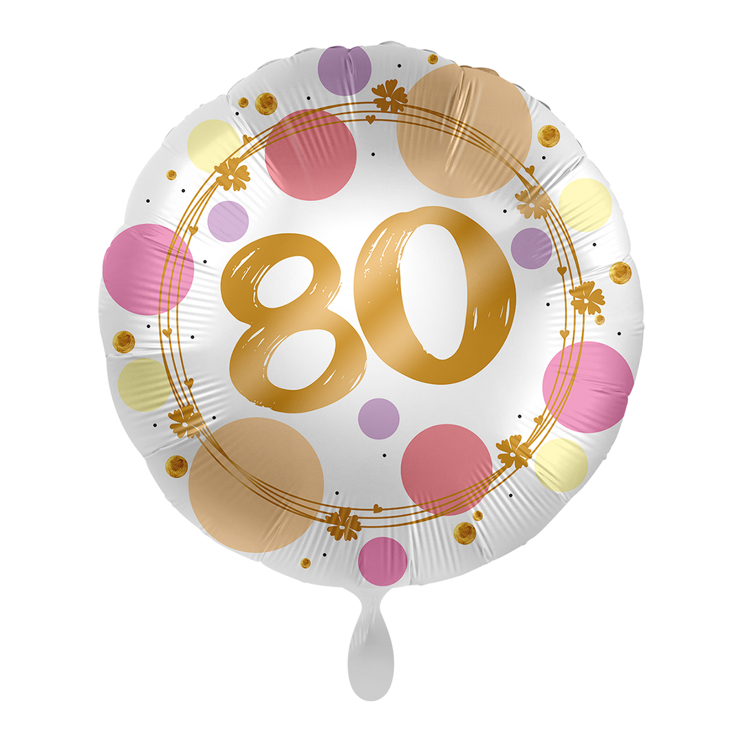 Runder Folienballon „80“ für den 80. Geburtstag, buntes Konfetti-Design mit goldener Schrift, ca. 43 cm – HeyBalloon Viersen
