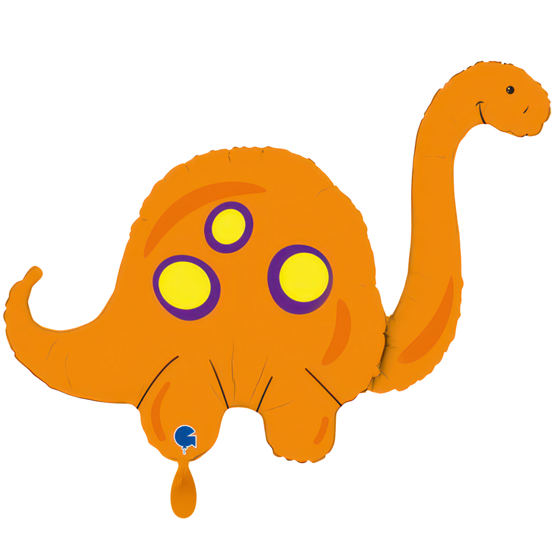 Ballon in Form eines Dinosauriers in organge mit gelben Punkten freundlich schauend.