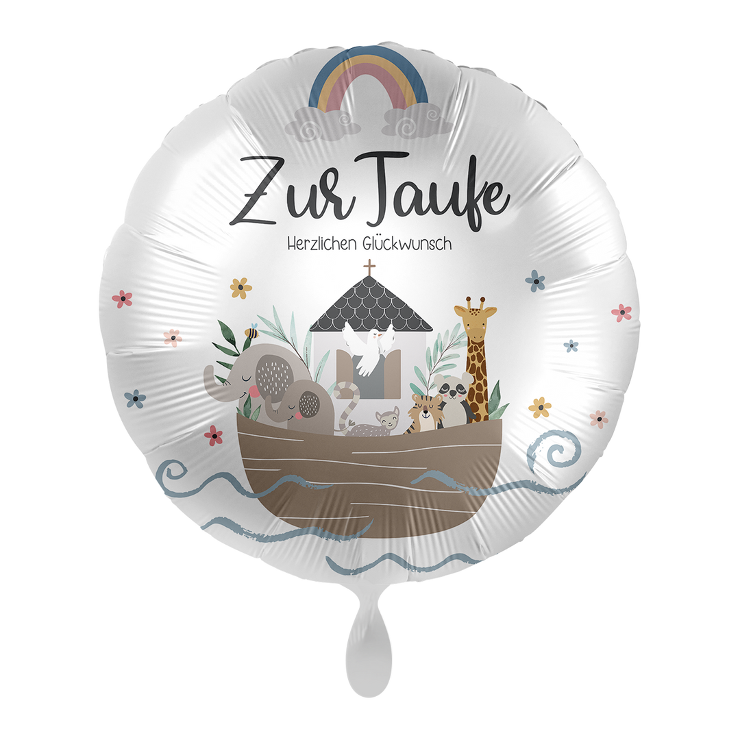 Ein Geschenk zur Taufe gesucht? Mit unseren schönen Ballons mit Taufmotiven ist garantiert das Richtige dabei! Mit der Aufschrift "Zur Taufe Herzlichen Glückwunsch" und der kleinen Arche Noah mit Tieren,  bei jeder Taufe ein kleines Highlight.   Ballon kann mit Helium und luftgefüllt werden.