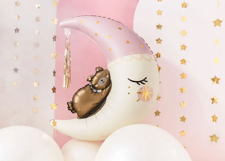 Mond mit Teddybär Folienballon – 71x 86 cm, Helium- & Luftfüllung geeignet - Rosa