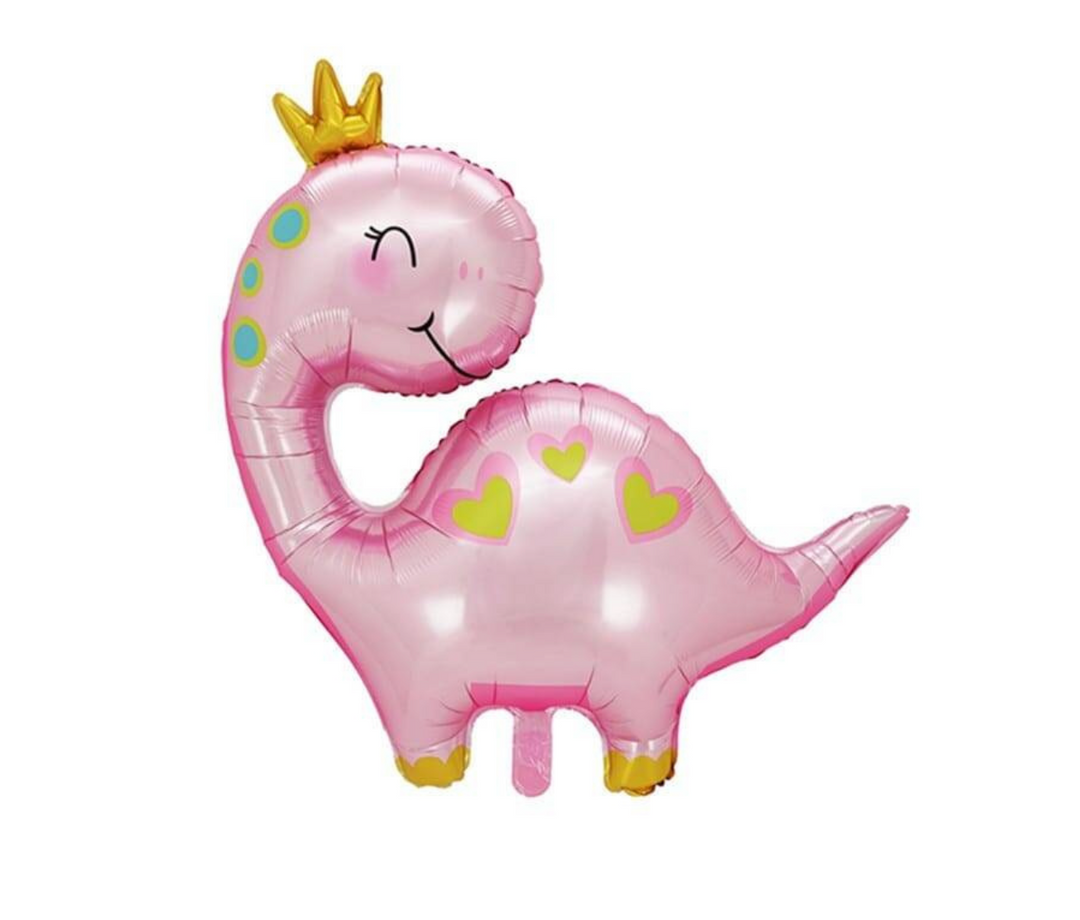 Rosa Dino-Ballon mit goldener Krone und Herzmotiven, ca. 97 cm groß, ideal für Kindergeburtstag und Dino-Partys