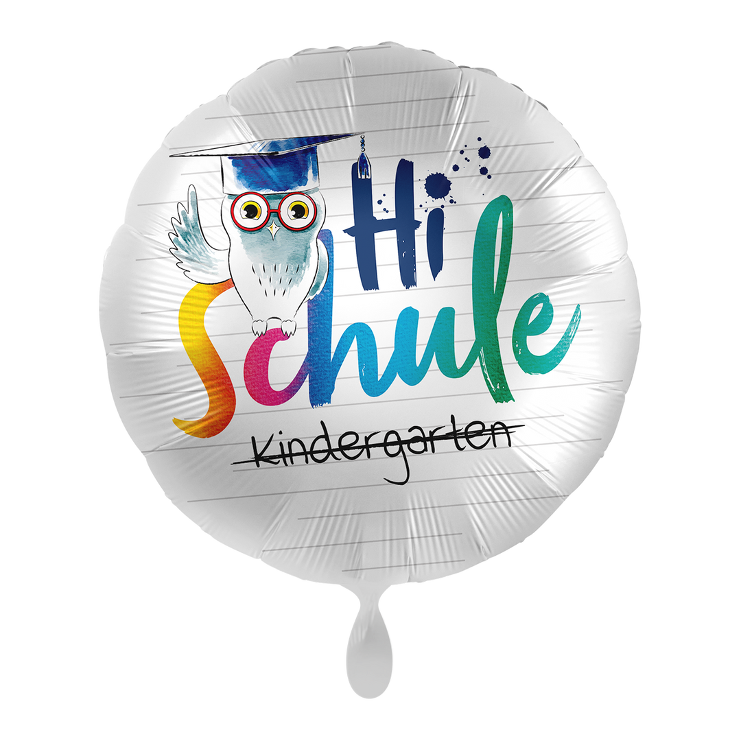 Runder Folienballon Ø 43cm mit Eule und bunter Aufschrift „Hi Schule – Kindergarten“
