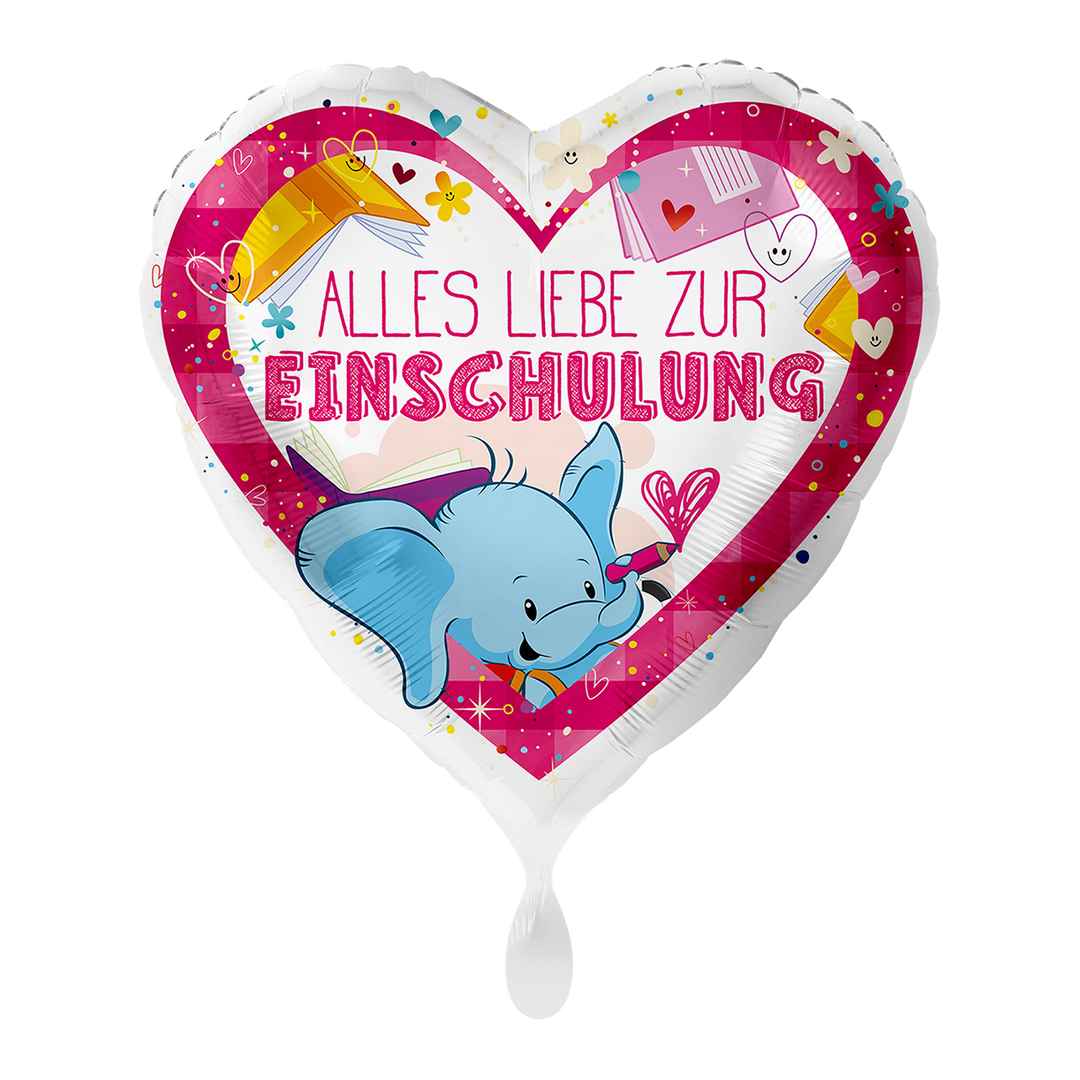 Herzförmiger Folienballon Ø 43cm mit blauem Elefant und Aufschrift „Alles Liebe zur Einschulung“ in Pink