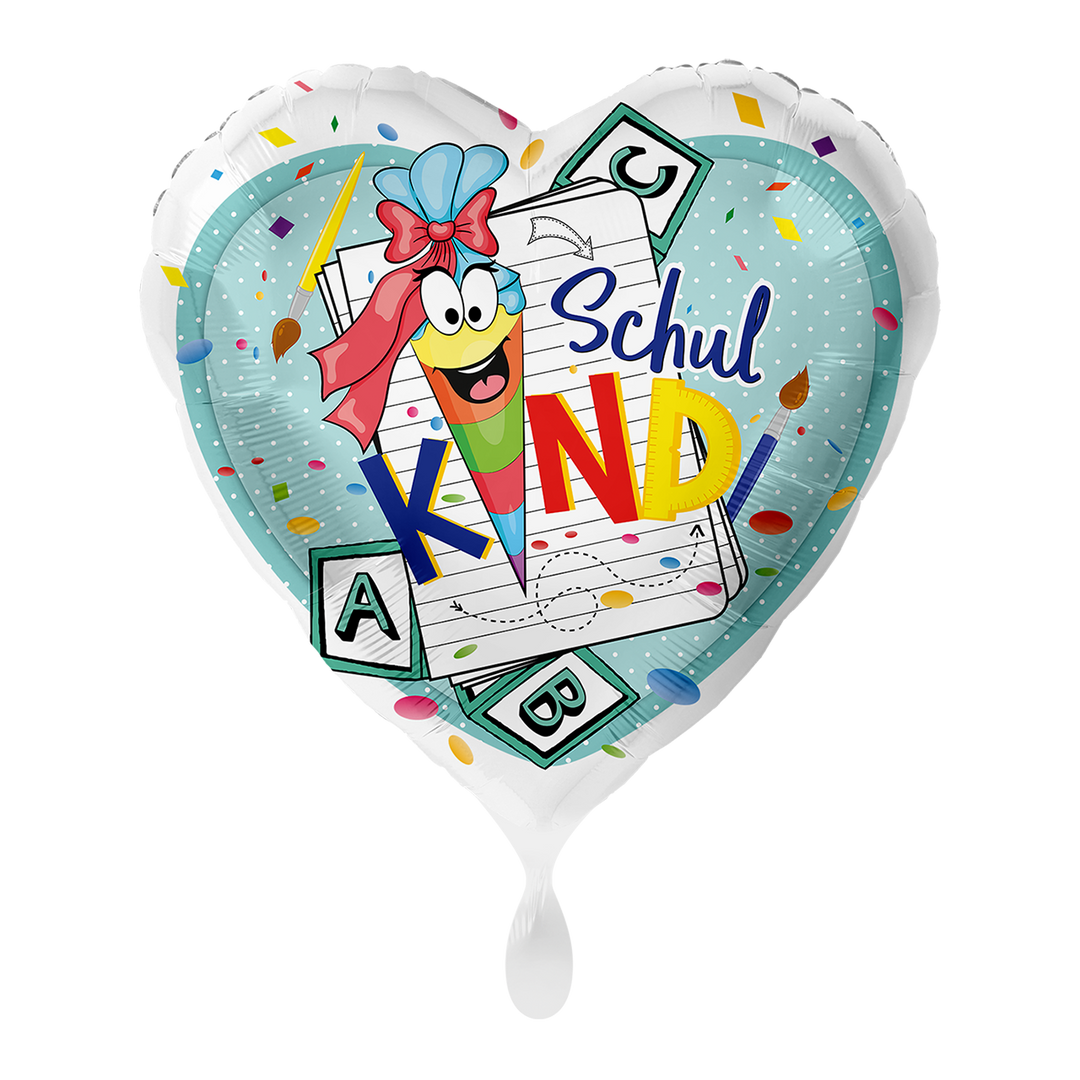 Herzförmiger Folienballon Ø 43cm mit bunter Schultüte und Aufschrift „Schulkind“