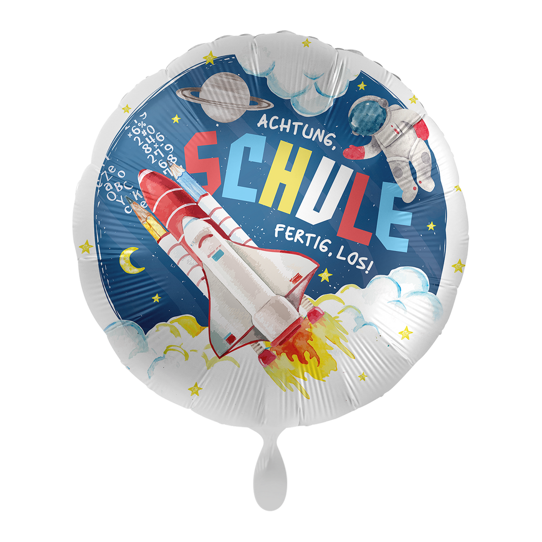 Runder Folienballon Ø 43cm mit Raketen- und Weltraummotiv und der Aufschrift „Achtung Schule, fertig, los!“