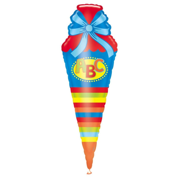 Großer Folienballon in Schultüten-Form, ca. 111 cm groß, bunt gestreift mit Aufschrift „ABC“