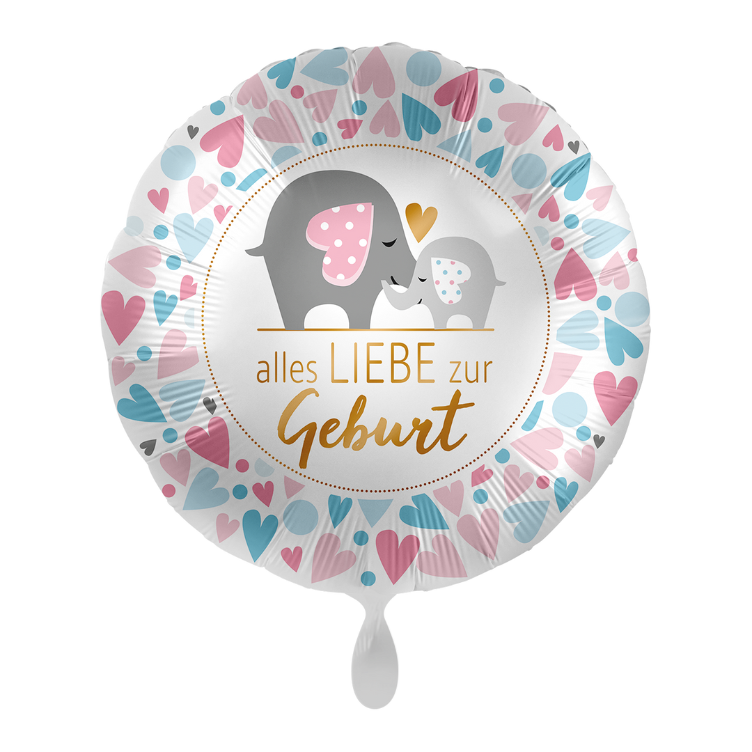 Runder Folienballon 43 cm mit Elefanten und Herzen – Aufschrift „Alles Liebe zur Geburt“