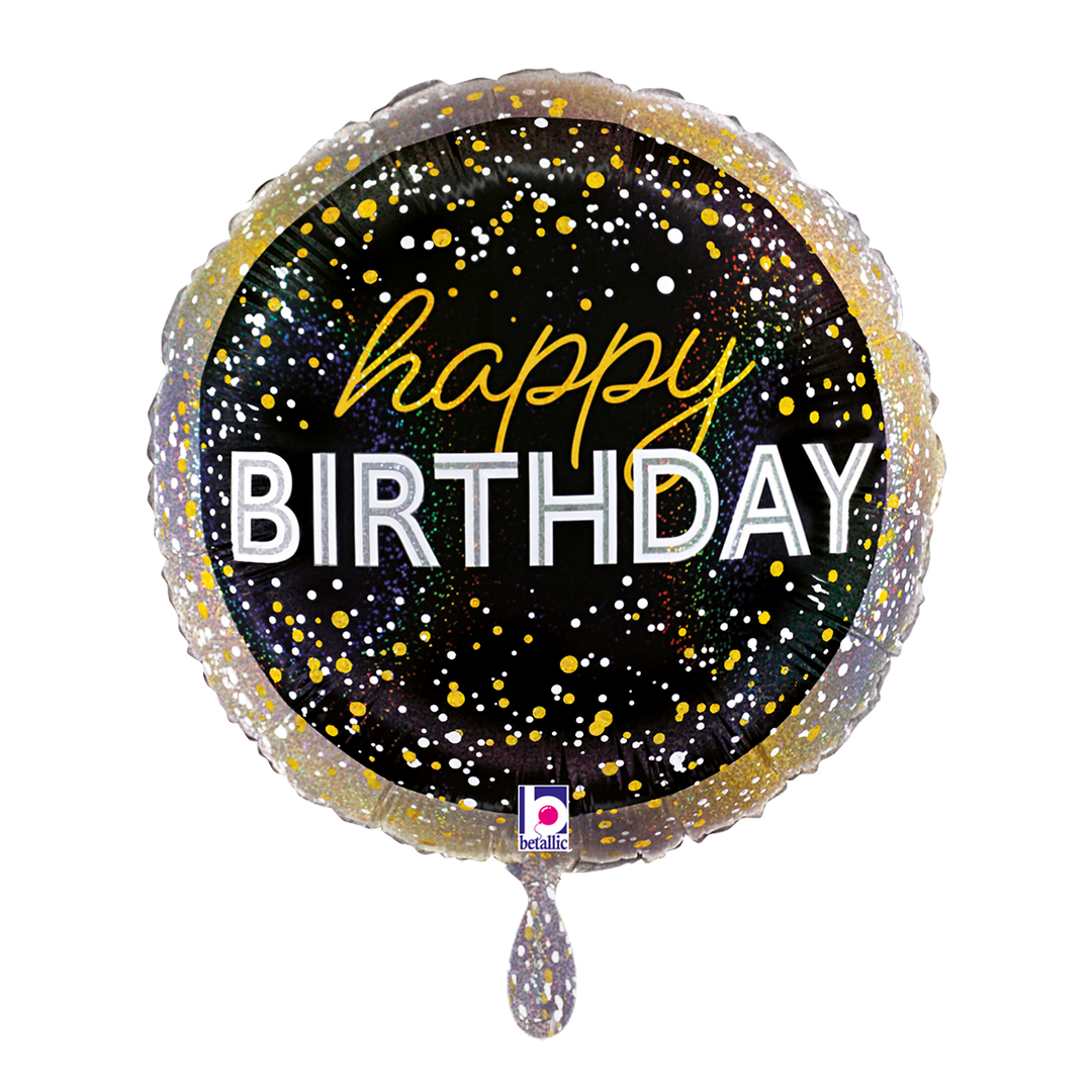 Runder Folienballon in Schwarz mit goldenen und weißen Konfetti-Motiven, Vorderseite mit Schriftzug „Happy Birthday“, Rückseite mit „Let’s Party“.