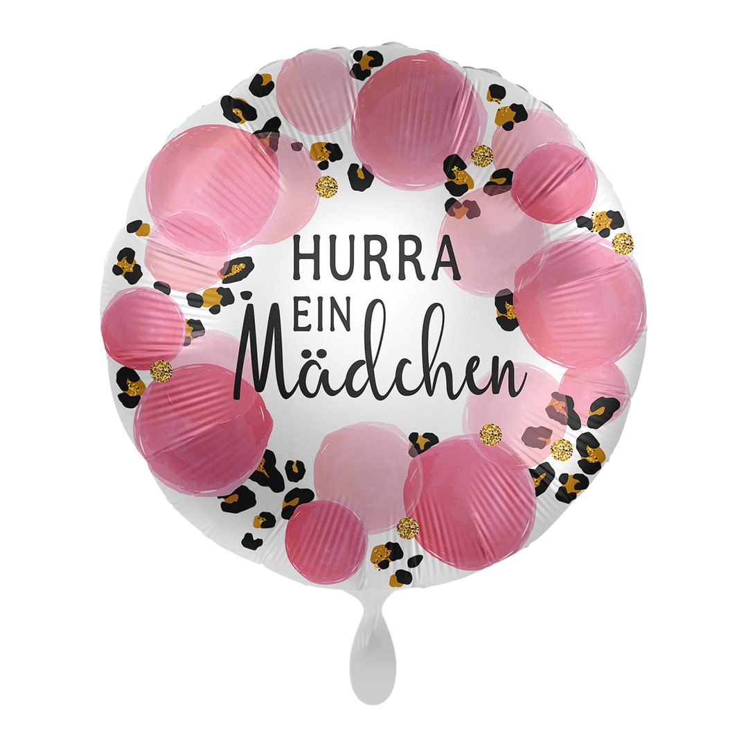 Runder Folienballon 43 cm mit Aufschrift „Hurra, ein Mädchen“ in Rosa und Schwarz-Gold Leopard-Design