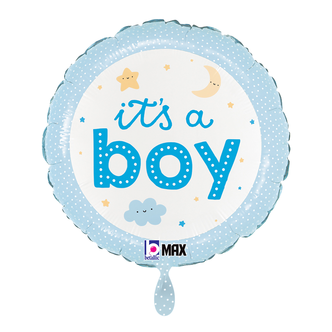 Runder Folienballon „It’s a Boy“ – 43 cm – Hellblau mit Sternen, Mond und Wolke