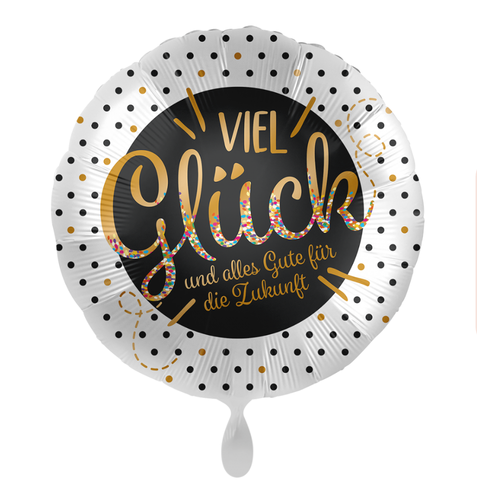 Runder Folienballon 43 cm mit der Aufschrift „Viel Glück und alles Gute für die Zukunft“ in Schwarz-Gold mit weißen Punkten