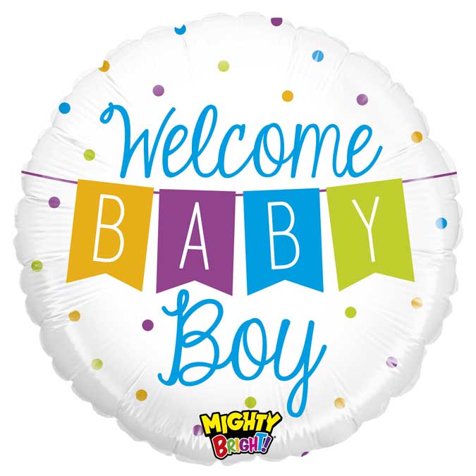 Runder Folienballon 43 cm mit der Aufschrift „Welcome Baby Boy“ in bunten Farben