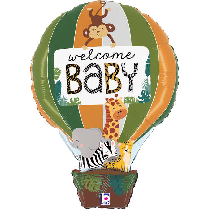 Folienballon „Welcome Baby“ im Dschungel-Design mit Giraffe, Elefant, Zebra und Affe – Heißluftballon-Motiv in Grün, Orange und Beige – ca. 76 cm – HeyBalloon Viersen