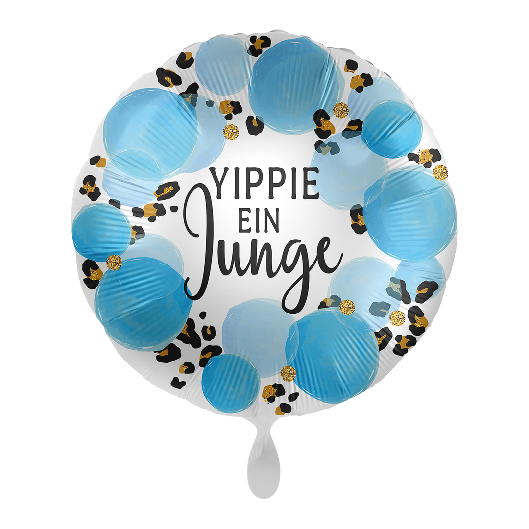 Runder Folienballon „Yippie, ein Junge“ – 43 cm – Blau mit Leopardenmuster