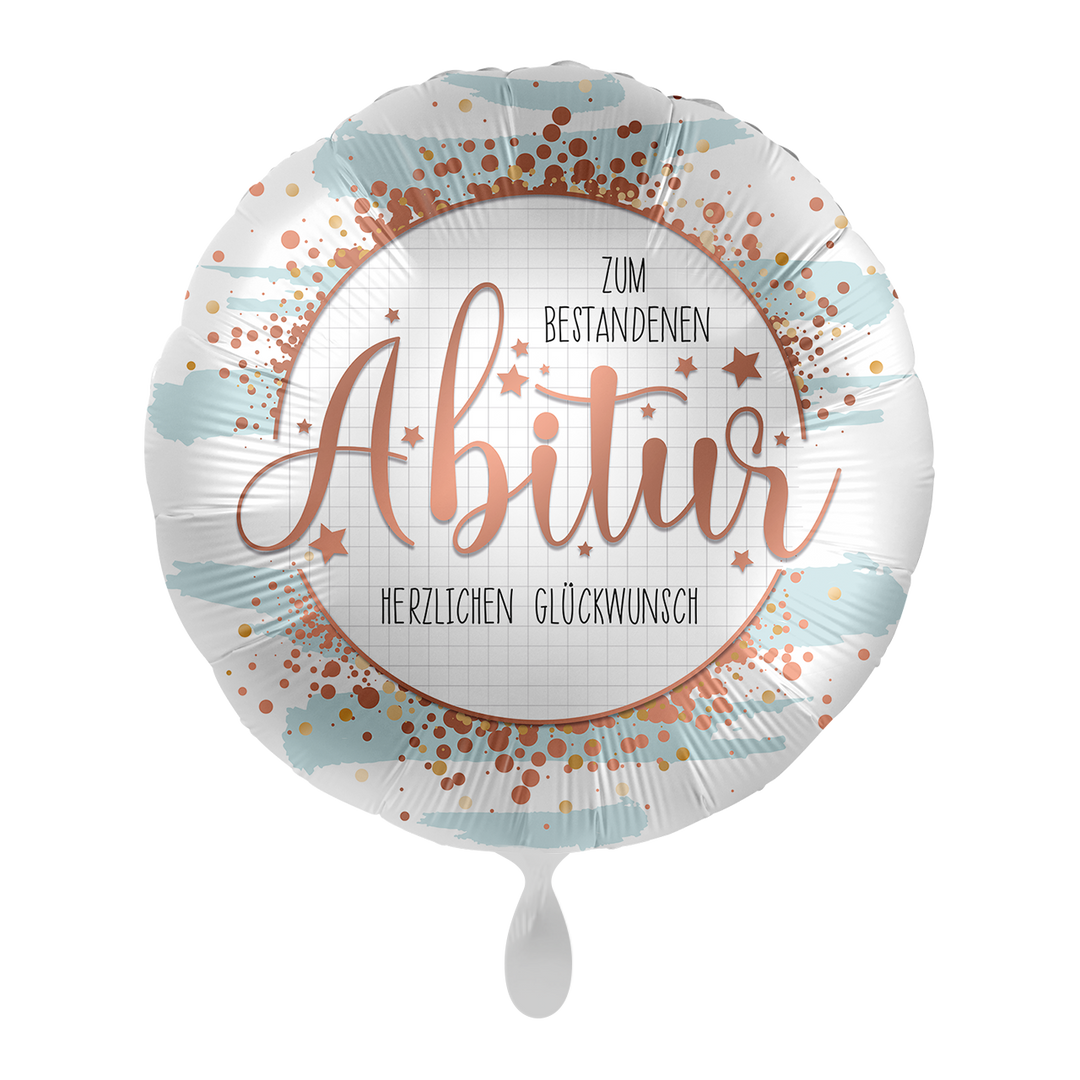 Runder Folienballon „Zum bestandenen Abitur – Herzlichen Glückwunsch“ in Weiß, Blau und Roségold – 43 cm
