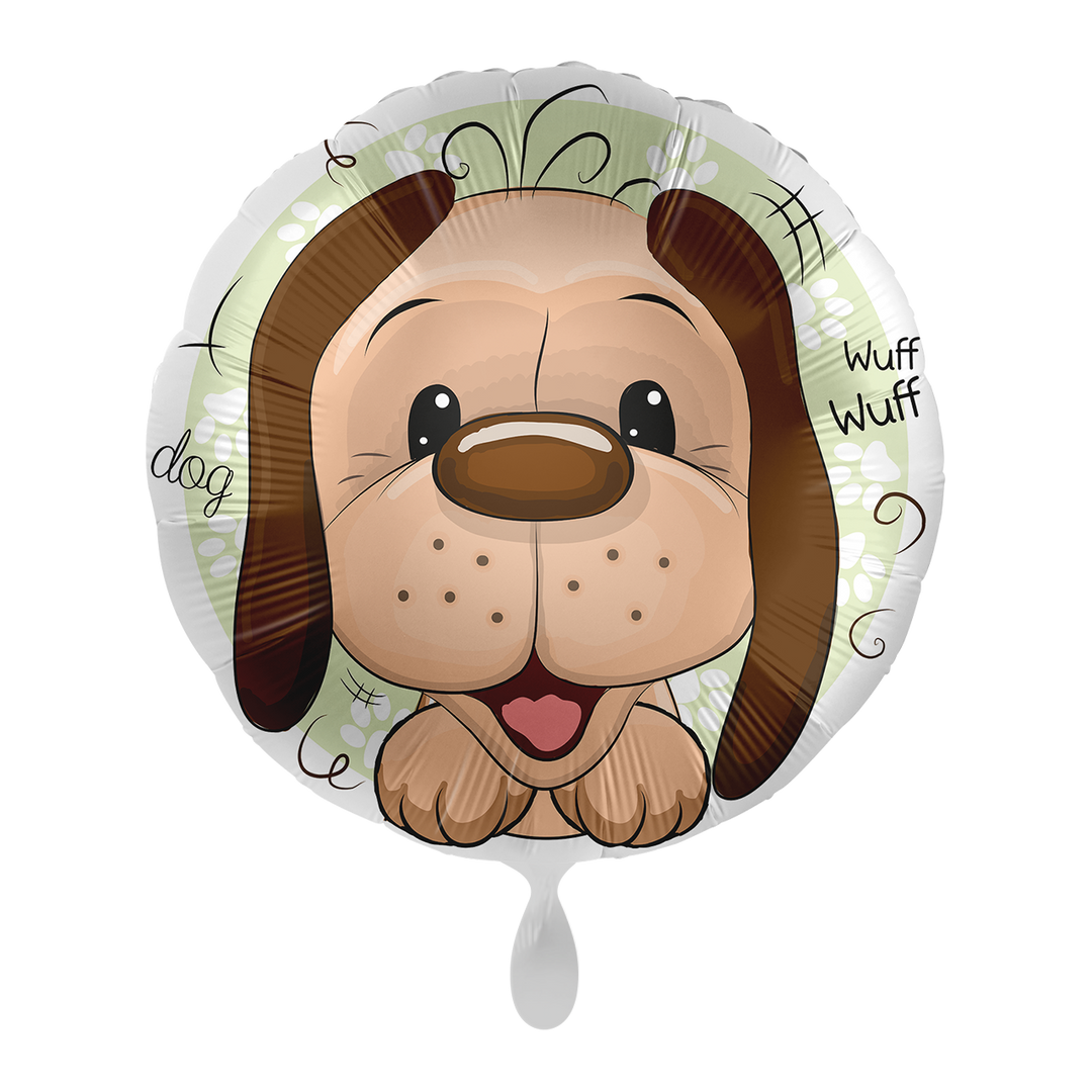 Folienballon mit Hunde Motiv mit kleinen Wuff Wuff Schriftzug. Ein toller Tierballon - perfekt als Geschenk für jedes Kind. Mit dem Automatikschließventil kann der Ballon mit Helium oder Luft gefüllt werden.