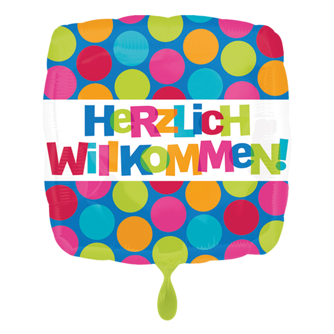 Folienballon mit der Aufschrift "Herzlich Willkommen " mit vielen fröhlichen Farben bedruckt. Dekorieren Sie den Empfang herzlich mit unseren Ballons - Freude ist garantiert!   Mit dem Automatikschließventil kann der Ballon mit Luft oder Helium mehrfach gefüllt werden. 