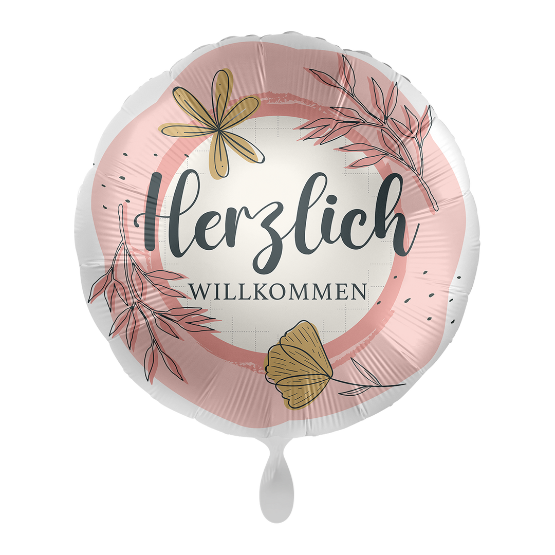 Folienballon mit der Aufschrift "Herzlich Willkommen  "mit zarten rosa abgesetzt.  Dekorieren Sie den Empfang herzlich mit unseren Ballons - Freude ist garantiert!   Mit dem Automatikschließventil kann der Ballon mit Luft oder Helium mehrfach gefüllt werden. 