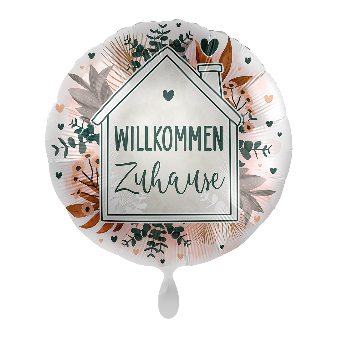 Folienballon mit der Aufschrift "Willkommen Zuhause" eingebetet in ein kleines Haus und schön dekoriert.  Dekorieren Sie den Empfang herzlich mit unseren Ballons - Freude ist garantiert!   Mit dem Automatikschließventil kann der Ballon mit Luft oder Helium mehrfach gefüllt werden. 