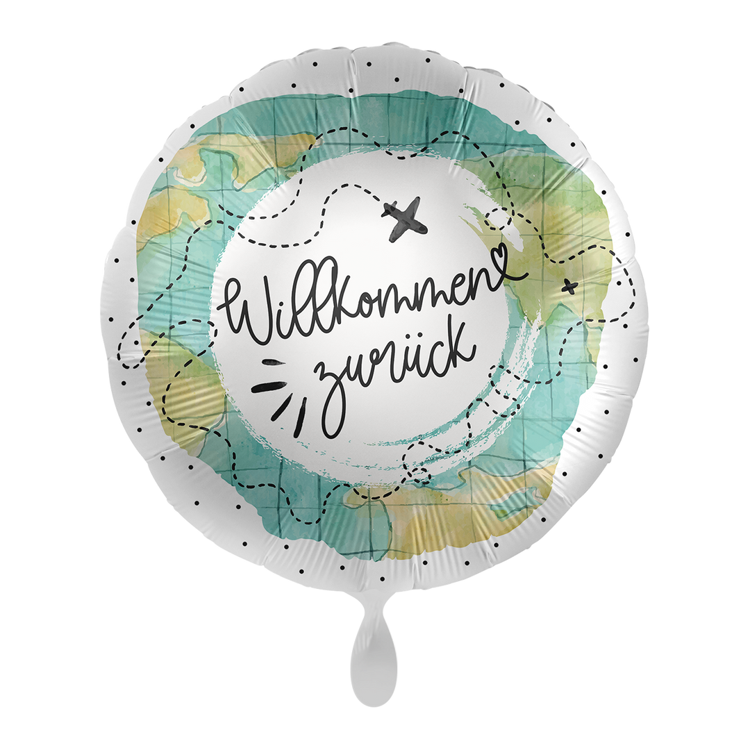 Folienballon mit der Aufschrift "Willkommen zurück  " in Grünton gehalten mit Flugzeug.  Dekorieren Sie den Empfang herzlich mit unseren Ballons - Freude ist garantiert!   Mit dem Automatikschließventil kann der Ballon mit Luft oder Helium mehrfach gefüllt werden. 