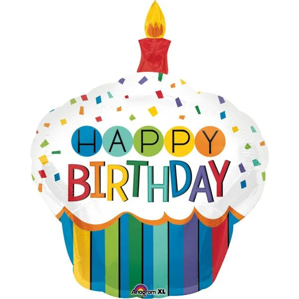 Fröhlicher Cupcake-Geburtstagsballon mit Kerze & bunter Aufschrift „Happy Birthday“. Perfekt als Geschenk oder Partydeko. Heliumgeeignet.