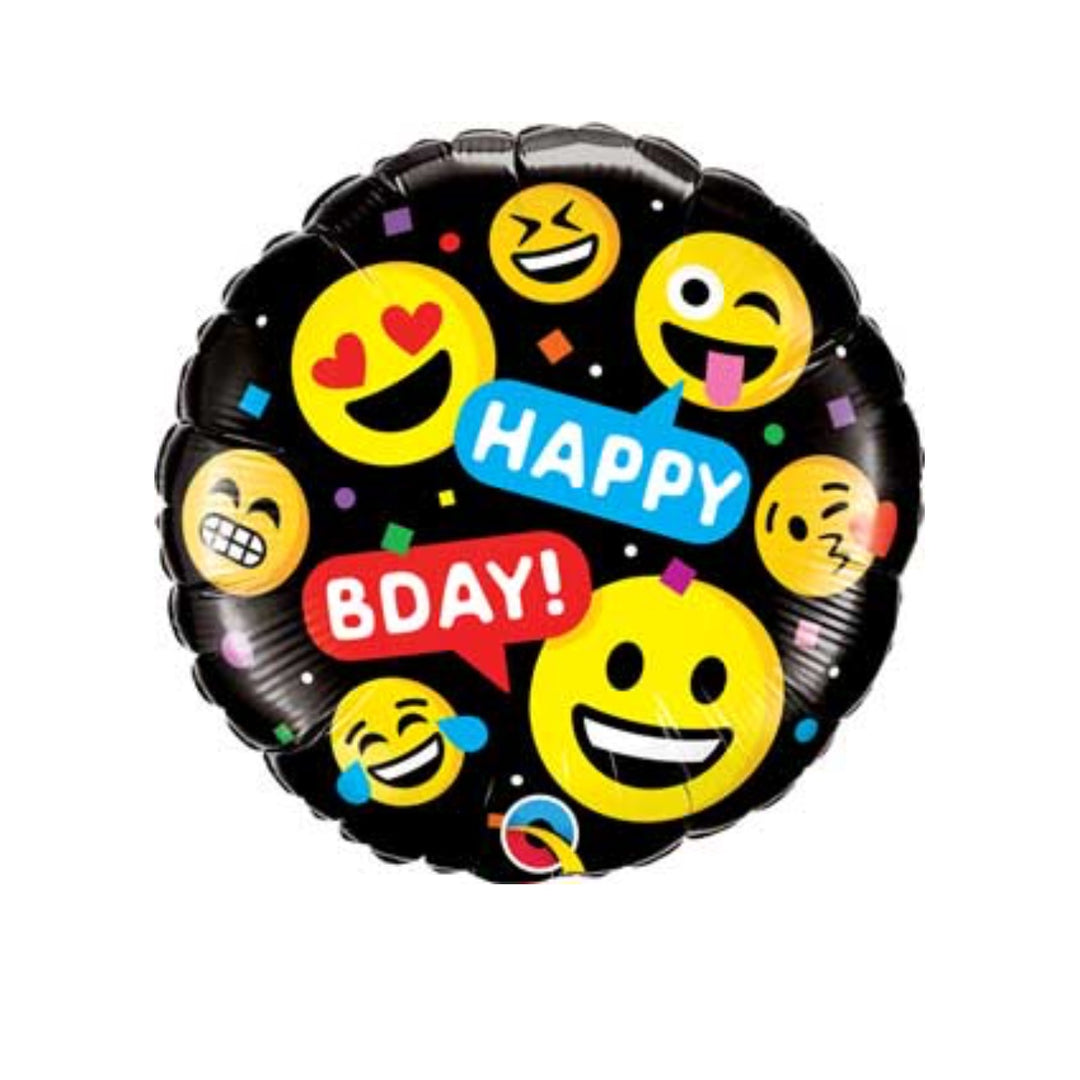 Runder schwarzer Emoji Geburtstagsballon mit bunten Smileys, Konfetti und Aufschrift „Happy Bday“