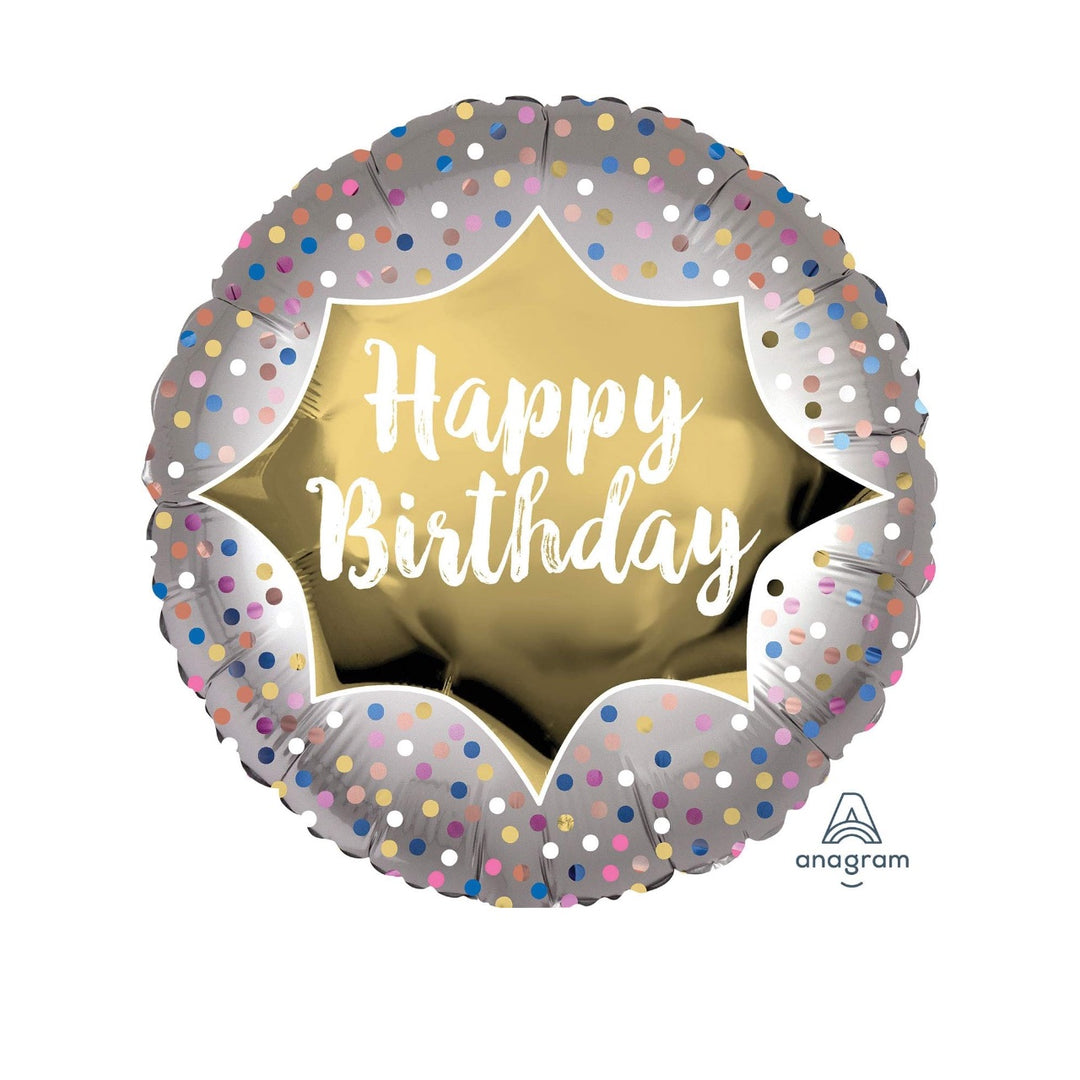 Geburtstagsballon „Happy Birthday“ – Gold mit bunten Konfetti-Punkten