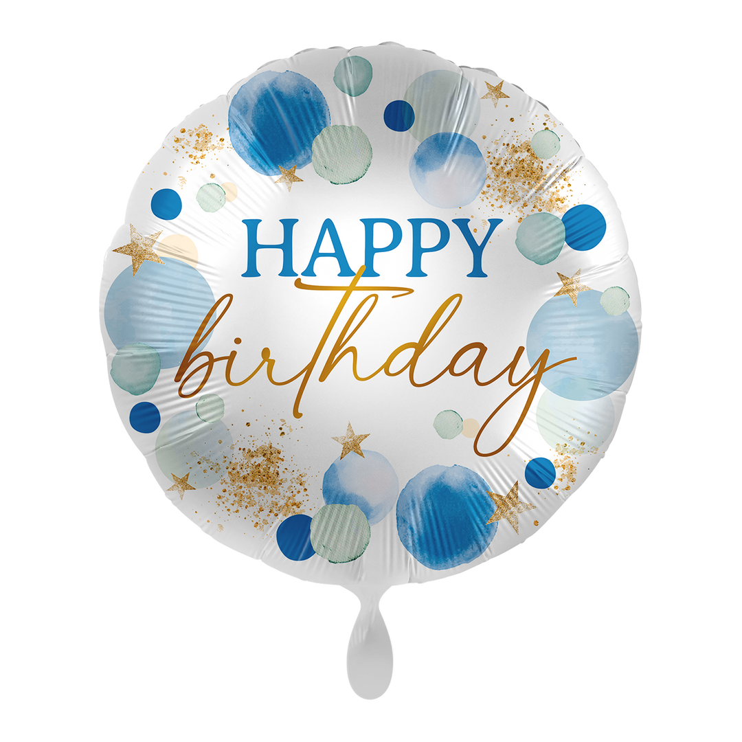 Runder Folienballon in Weiß mit blauen und goldenen Kreisen, goldenen Sternen und Aufschrift „Happy Birthday“.