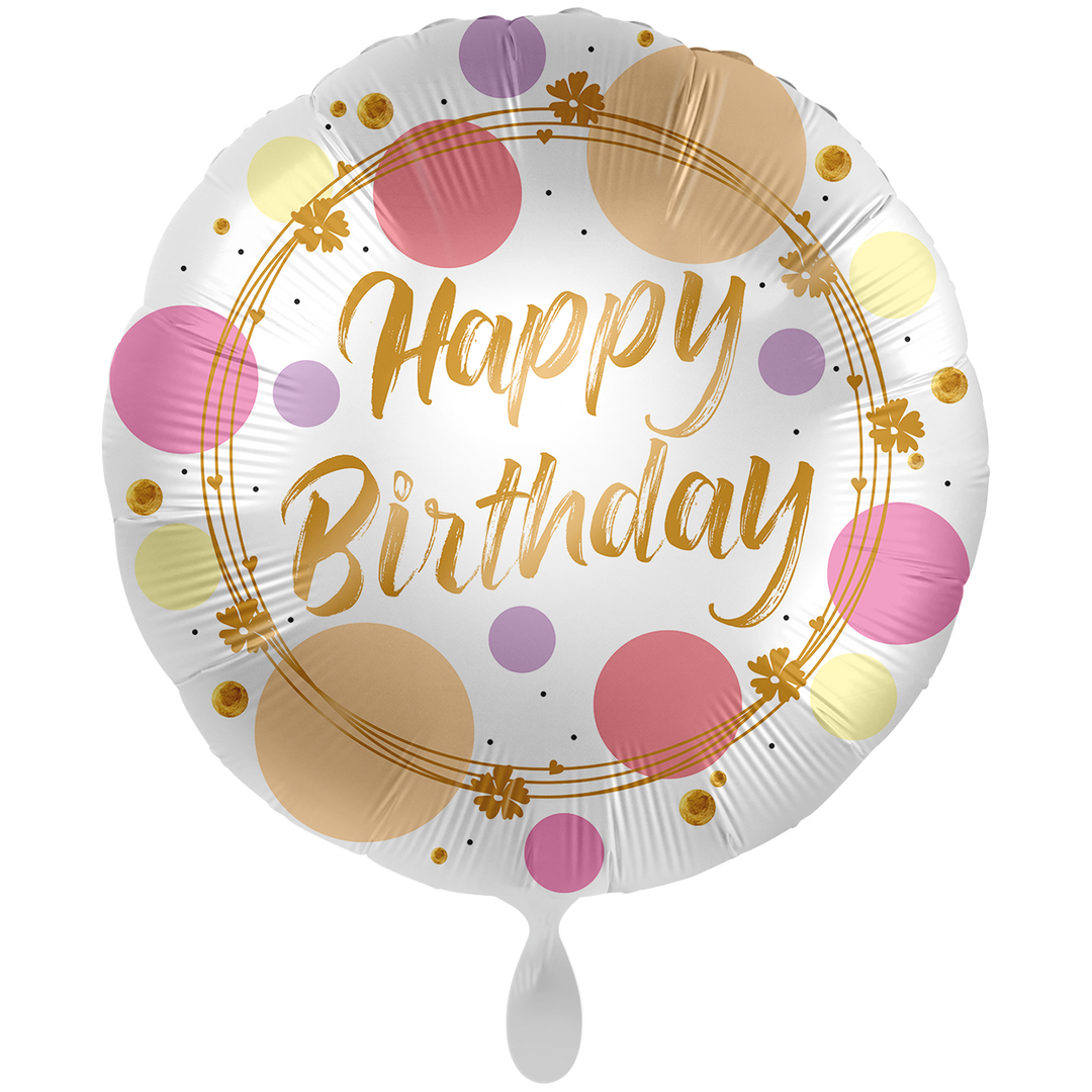 Großer Geburtstagsballon „Happy Birthday“ – runder Folienballon in Weiß mit goldener Aufschrift und bunten Punkten, 71 cm