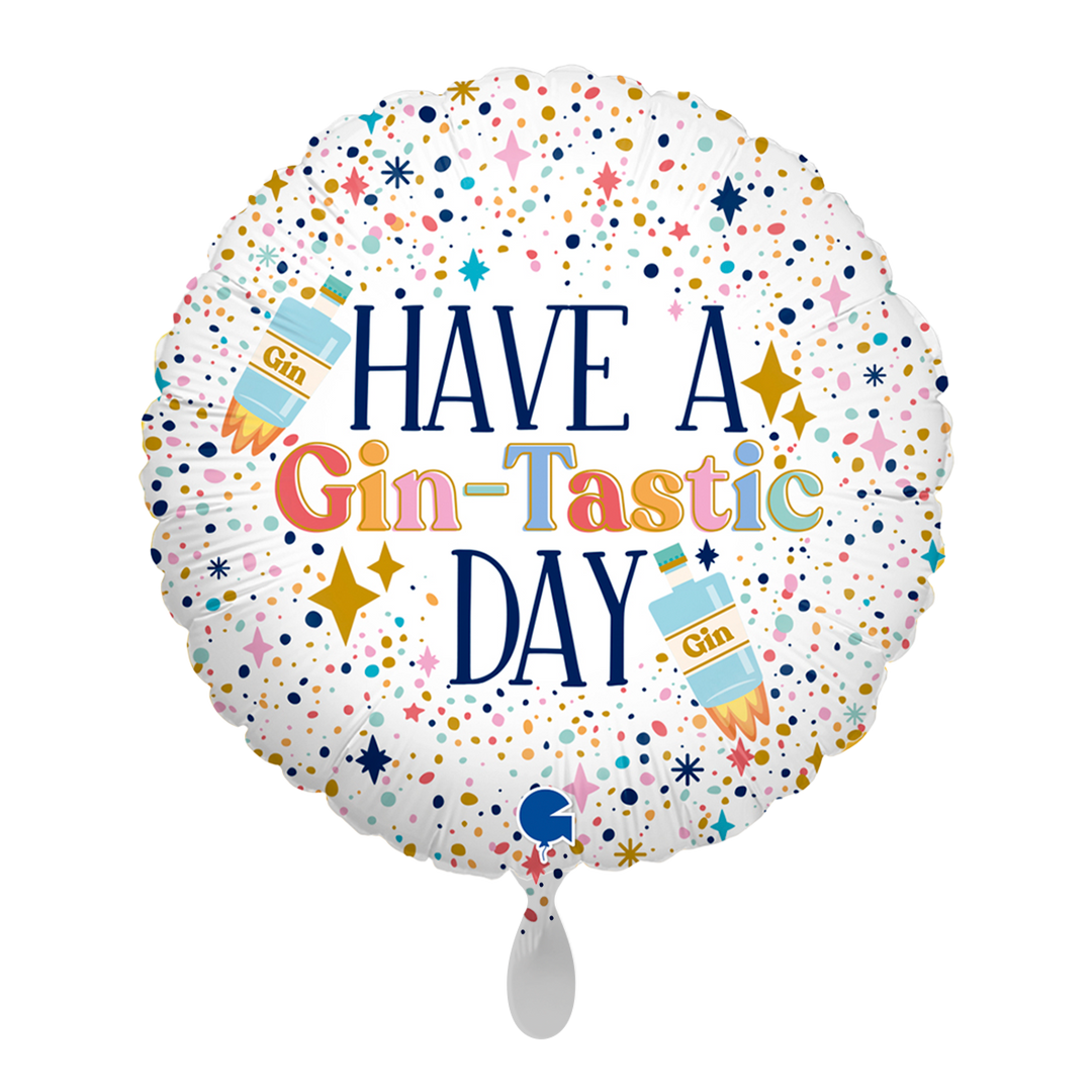 Runder Folien-Geburtstagsballon mit buntem Konfetti und Schriftzug „Have a Gin-Tastic Day“ – perfektes Geschenk für Gin-Fans.