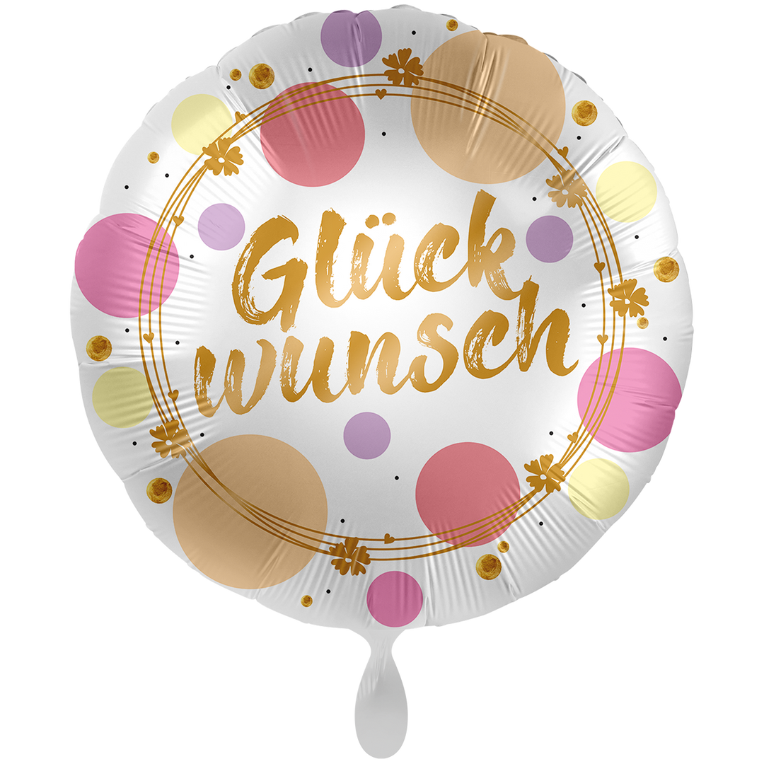 Großer Geburtstagsballon – runder Folienballon mit goldener Aufschrift „Glückwunsch“ und bunten Punkten, 71 cm