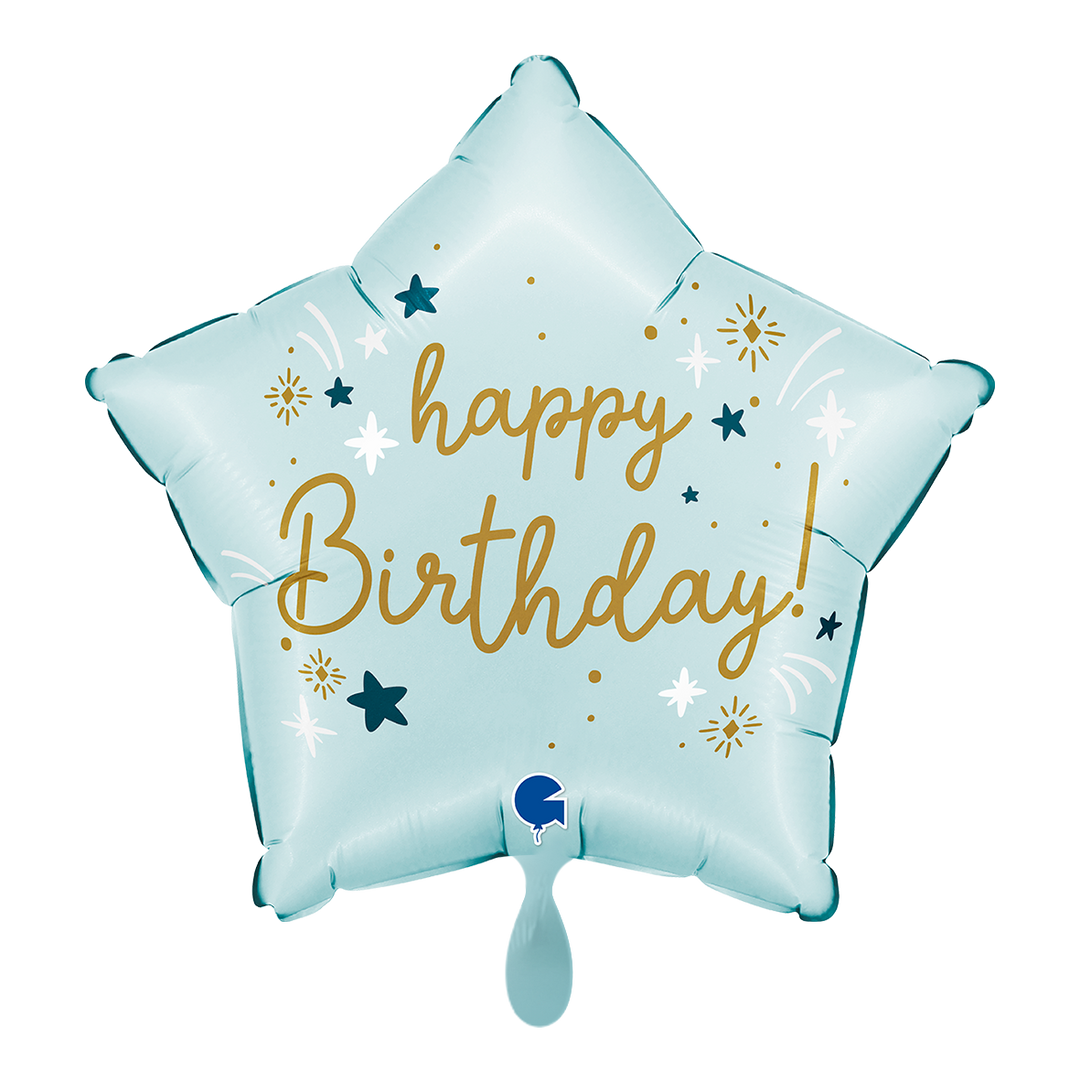 Hellblauer Stern-Ballon mit goldener Aufschrift „Happy Birthday“ und kleinen Sternchen-Motiven.
