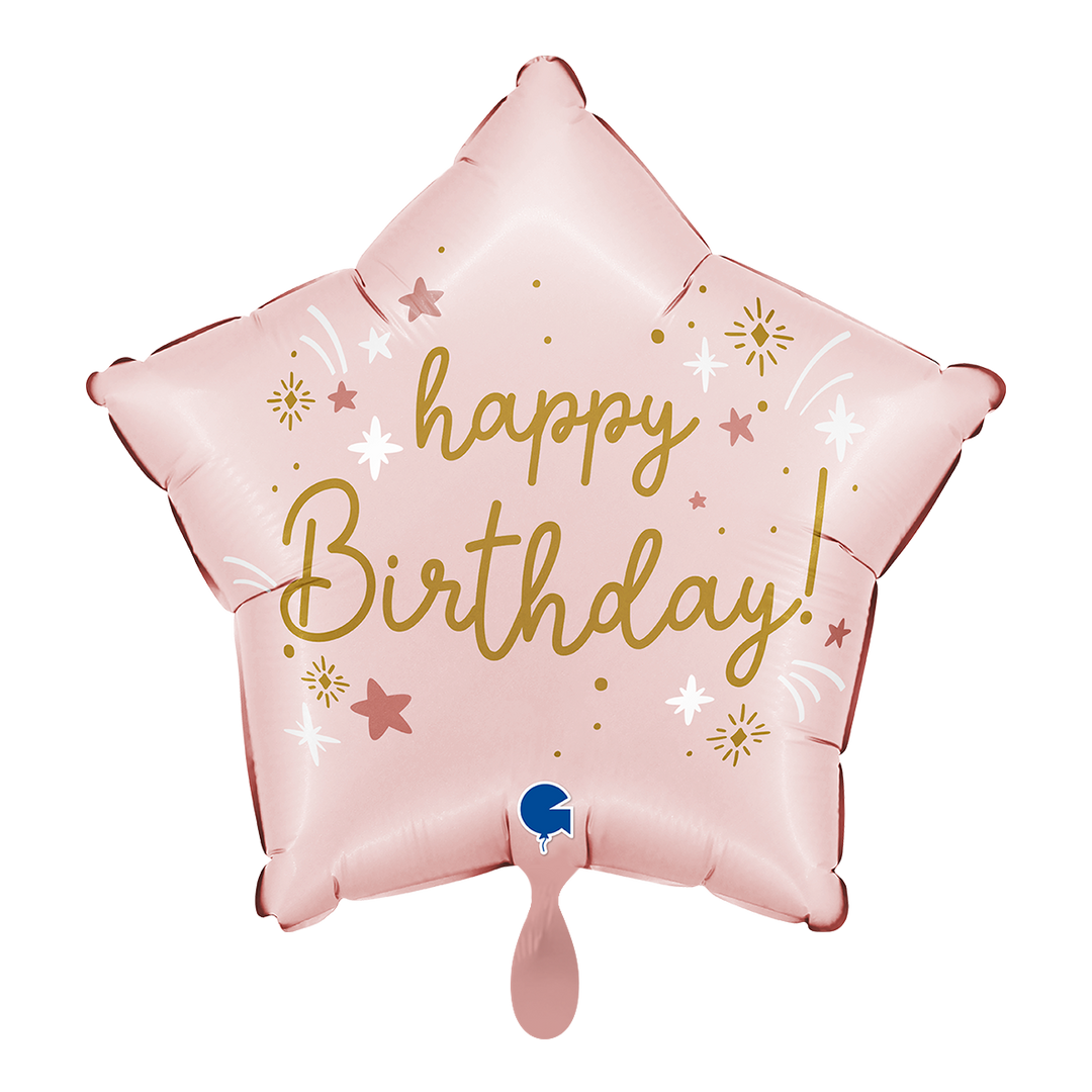 Rosafarbener Stern-Ballon mit goldener Aufschrift „Happy Birthday“ und Sternchen-Motiven.