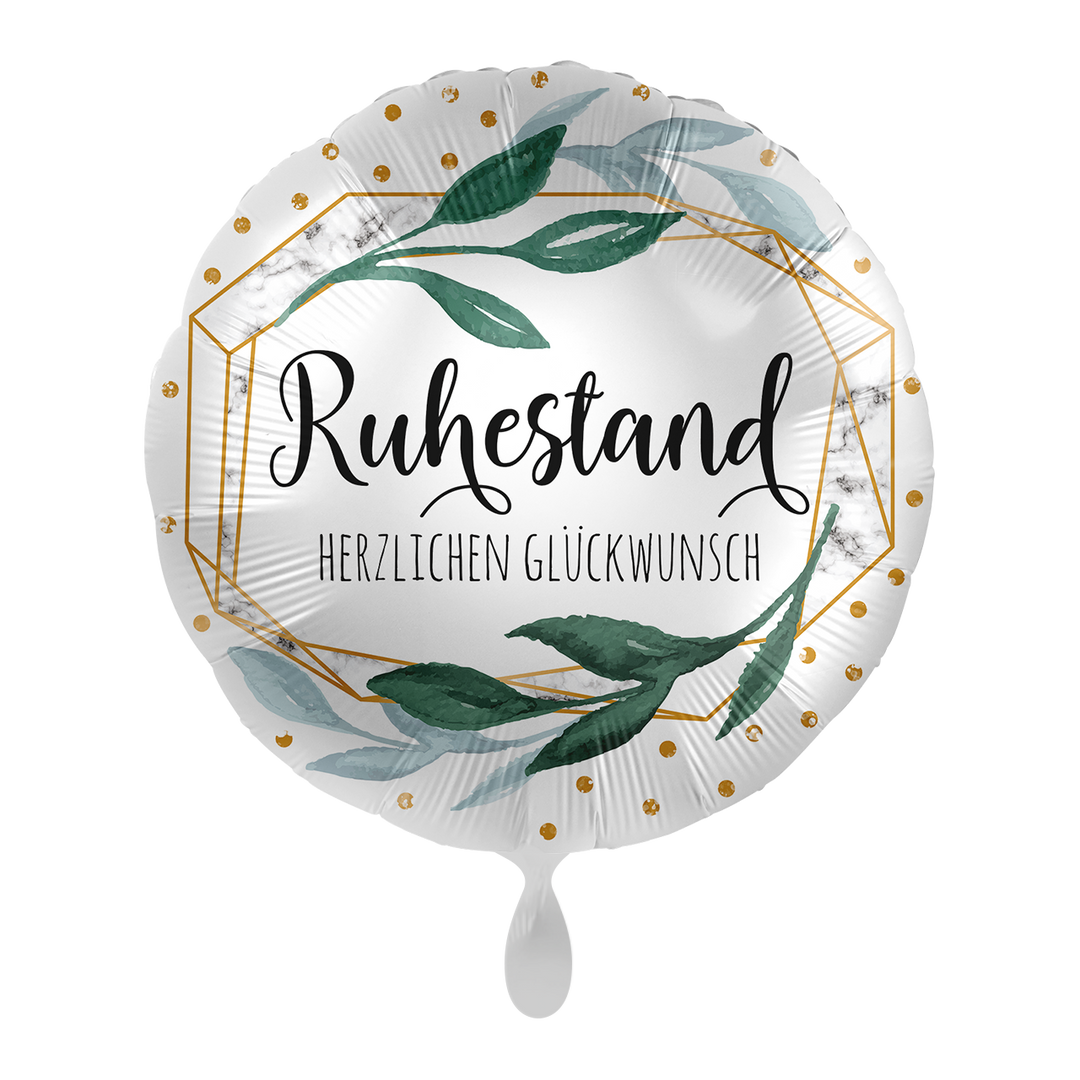 Geschafft - der wohlverdiente Ruhestand ist endlich da.  Folienballon ist beschriftet mit " Ruhestand Herzlichen Glückwunsch " in schlichten Farben gehalten.   Der Ballon hat ein Automatikschließventil und kann mehrfach mit Helium oder Luft gefüllt werden.  