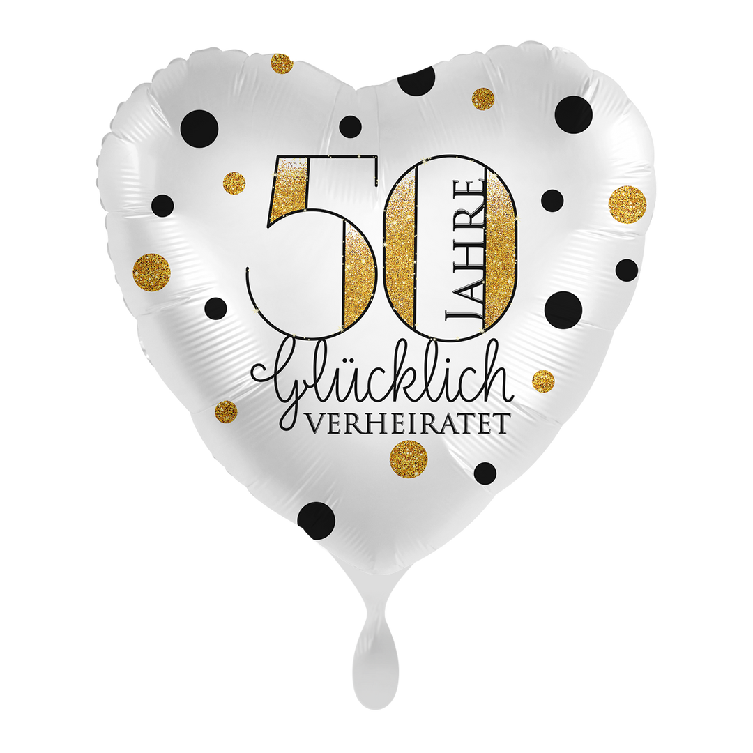 Goldhochzeit Herzballon 43 cm – Folienballon mit Aufdruck „50 Jahre glücklich verheiratet“ in Gold und Schwarz