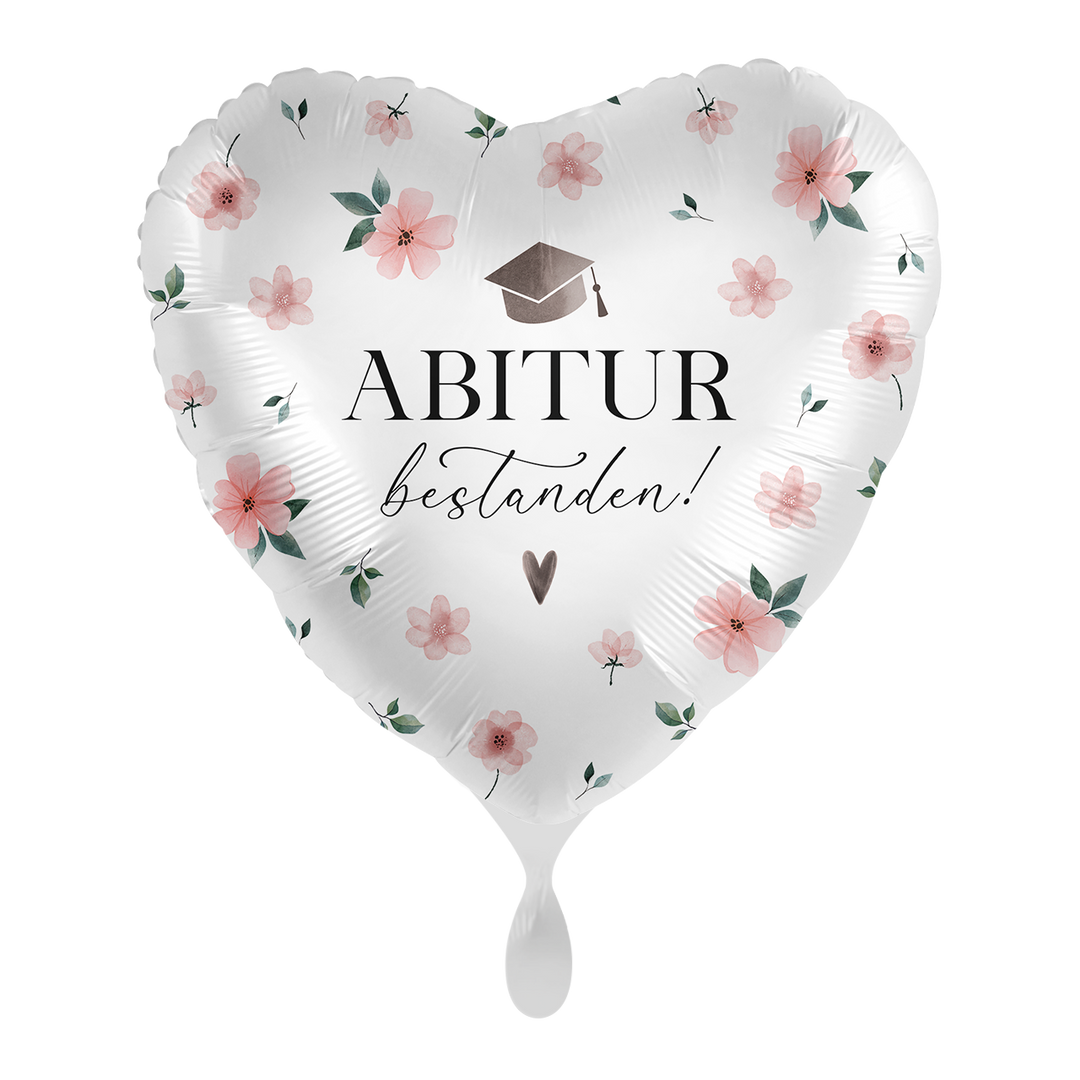 Herzförmiger Folienballon „Abitur bestanden!“ mit Blumenmotiv in Rosa und Grün, 43 cm