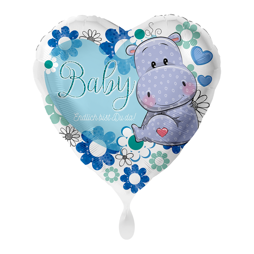 Herzballon 43 cm in Blau mit Nilpferd und Aufschrift „Baby – Endlich bist du da!“