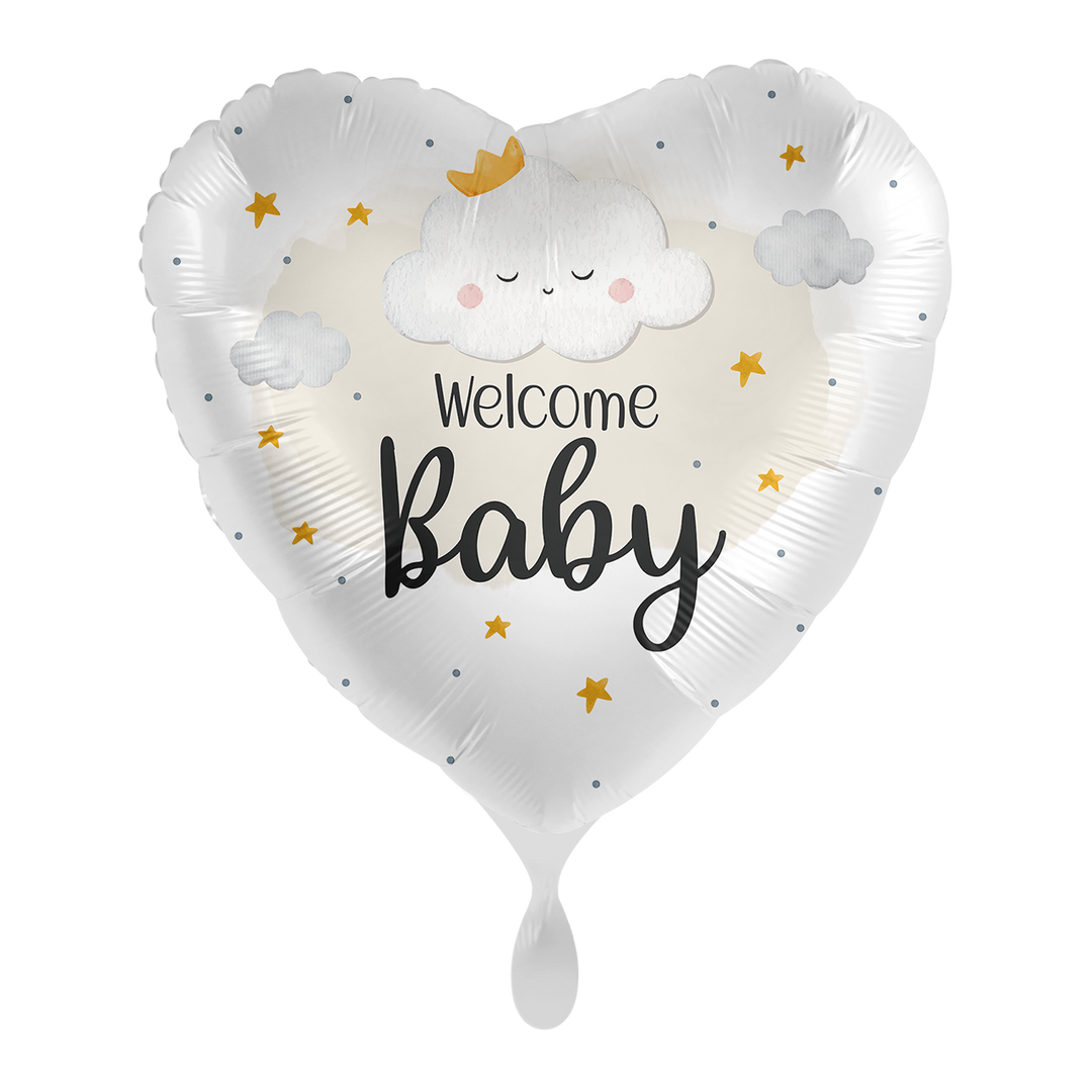 Herzballon 71 cm in Weiß mit Wolkenmotiv und goldenen Sternen – Aufschrift „Welcome Baby“