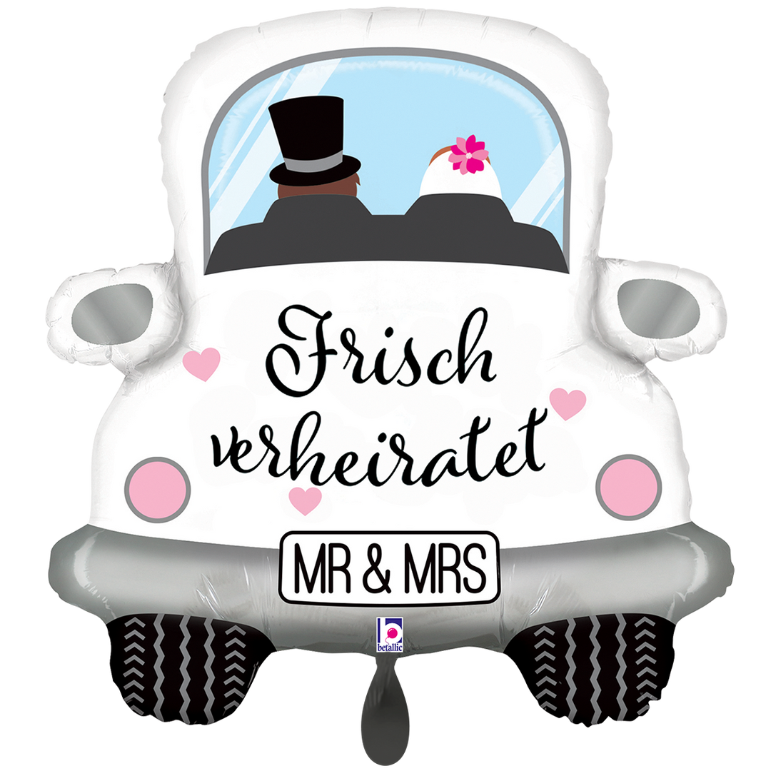 Hochzeitsballon Auto 66 cm – Folienballon „Frisch verheiratet“ mit Mr & Mrs Motiv